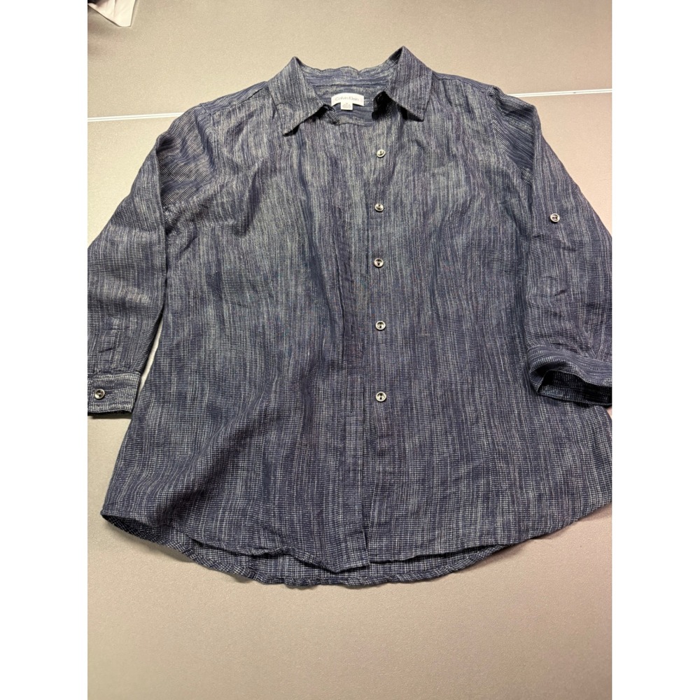 Calvin Klein Blue Textured Button Down Shirt 3/4 Roll Tab Sleeve Medium‎